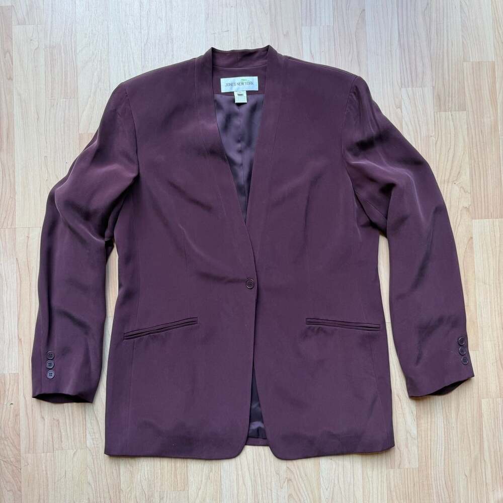 Jones New York Wind Burgundy 100% Silk Open Front Blazer Size 16